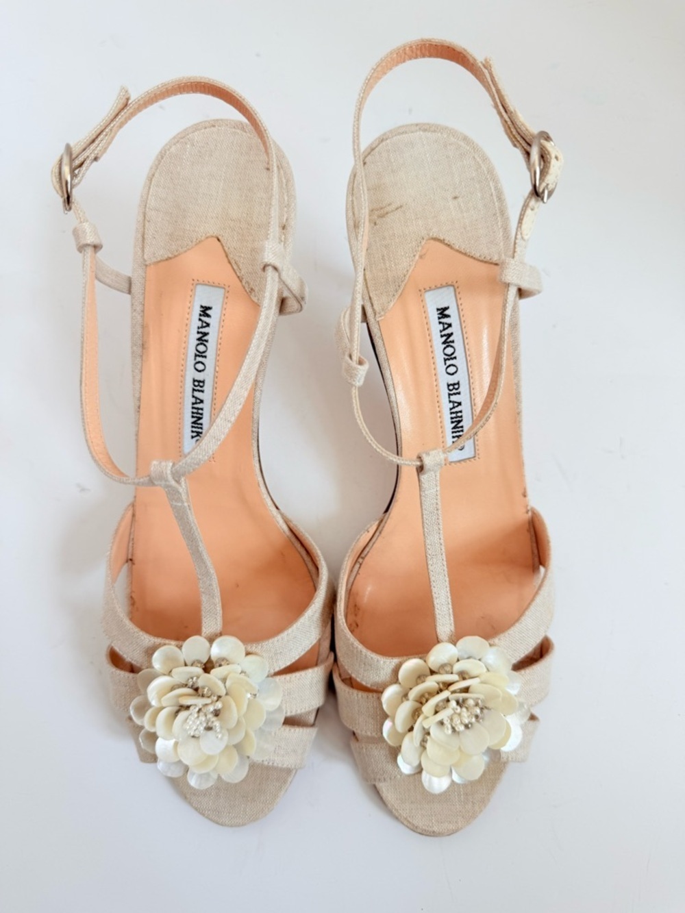 Manolo Blahnik “Cointreau” Archival Linen Mother-of-Pearl Floral  Sandals 39.5 - Picture 5 of 12